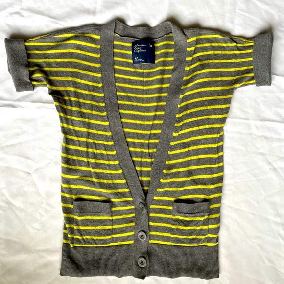 American Eagle Cotton Cardigan Sweater Grey w/ green/yellow stripes SZ Small - Picture 1 of 8